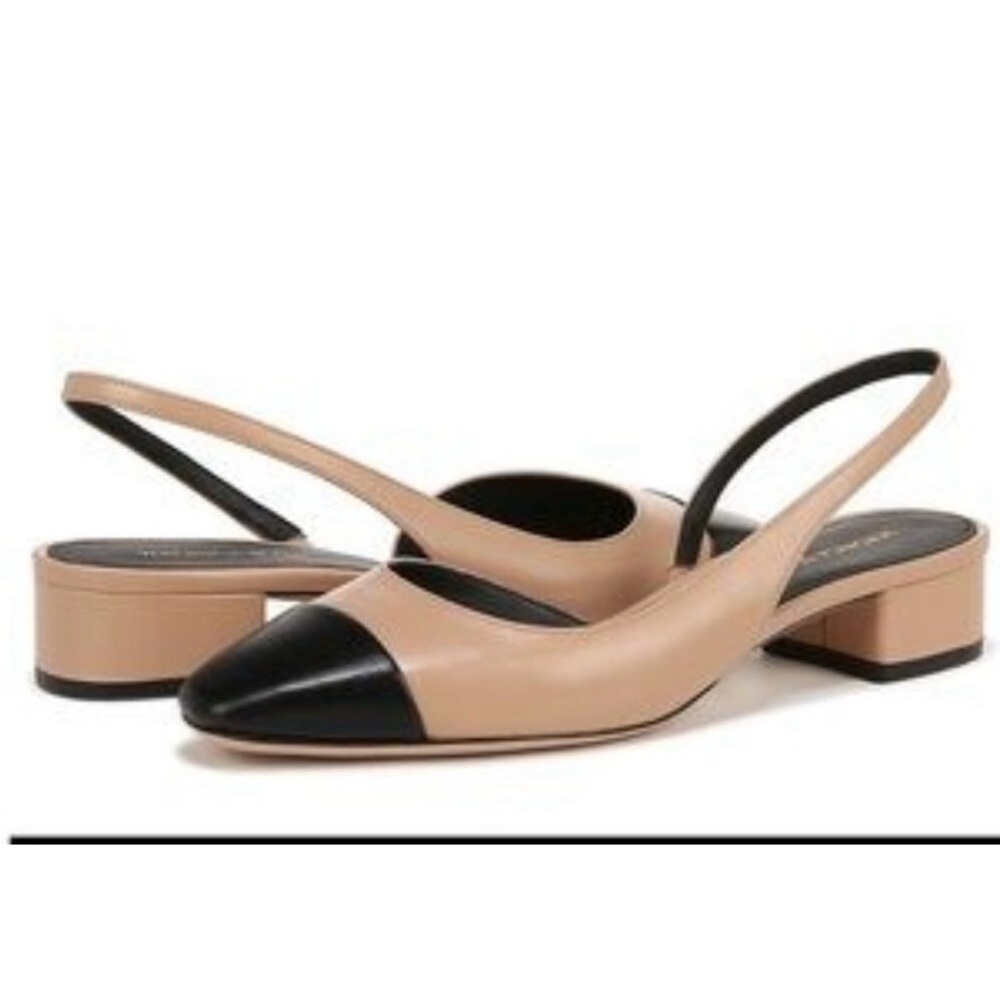 Veronica Beard Beige and Black Slingback Block Heel Pumps